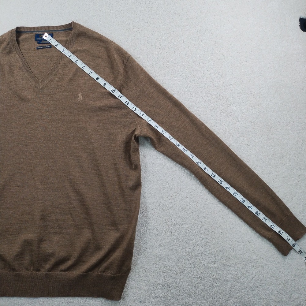 POLO Ralph Lauren Sweater Men's Med Brown Washable Merino Wool V-Neck Liteweight - Picture 12 of 13